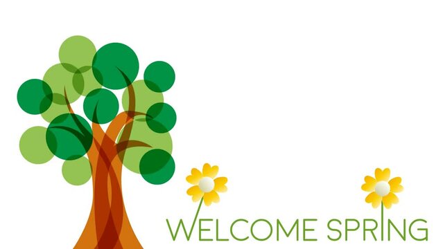Welcome spring, abstract animated tree with text and flowers