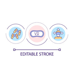 VR technology in gaming loop concept icon. Realistic simulation of scenes. Multiverse abstract idea thin line illustration. Isolated outline drawing. Editable stroke. Arial font used