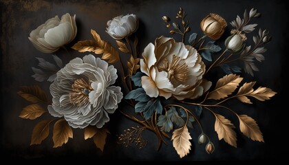 Generative AI, Close up of blooming flowerbeds of amazing white and golden flowers on dark moody floral textured background. Photorealistic effect.	
