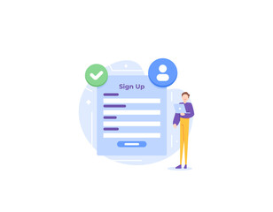 sign-up or registration. online registration. a user or registrant fills out the registration form. Enter personal data into a form. people create new accounts. illustration concept design. vector 