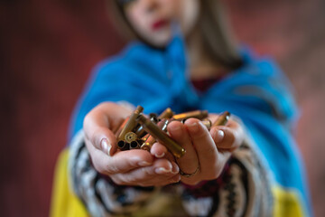 Portrait of upset Ukrainian in embroidery clothing as symbol of liberation struggle for independence