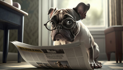 Dog reading a newspaper. Created with Generative AI.