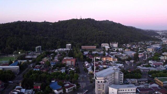 Epic aerial view of the natural monument Cerro &Ntilde;ielol, blue hour in the city of Temuco, Chile.