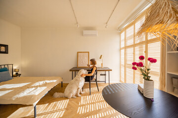 Interior of sunny studio apartment in beige tones with working place and woman spending leisure time with her dog at home