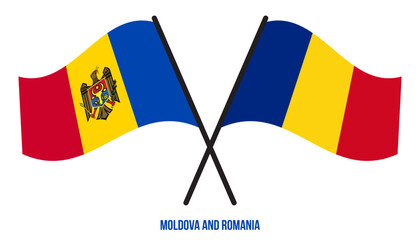 Moldova and Romania Flags Crossed And Waving Flat Style. Official Proportion. Correct Colors.