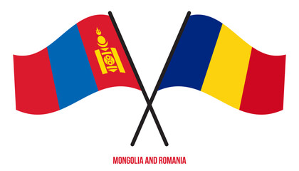 Mongolia and Romania Flags Crossed And Waving Flat Style. Official Proportion. Correct Colors.