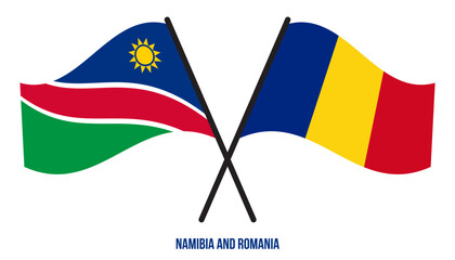 Namibia and Romania Flags Crossed And Waving Flat Style. Official Proportion. Correct Colors.
