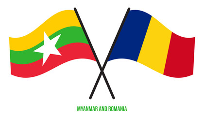 Myanmar and Romania Flags Crossed And Waving Flat Style. Official Proportion. Correct Colors.