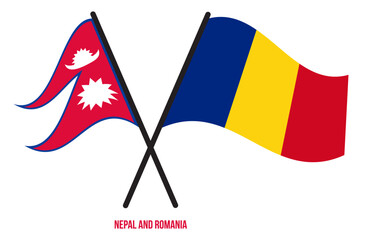 Nepal and Romania Flags Crossed And Waving Flat Style. Official Proportion. Correct Colors.