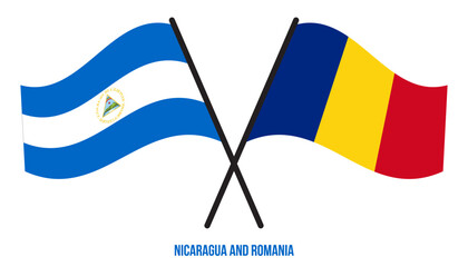 Nicaragua and Romania Flags Crossed And Waving Flat Style. Official Proportion. Correct Colors.