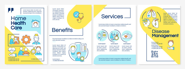 Home health care blue and yellow brochure template. Leaflet design with linear icons. Editable 4 vector layouts for presentation, annual reports. Questrial, Lato-Regular fonts used