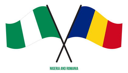 Nigeria and Romania Flags Crossed And Waving Flat Style. Official Proportion. Correct Colors.