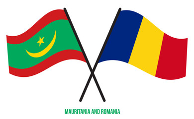 Mauritania and Romania Flags Crossed And Waving Flat Style. Official Proportion. Correct Colors.