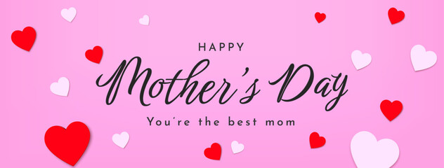 Fototapeta na wymiar Happy mothers day banner with paper flying heart elements. Vector love symbol and calligraphic text happy mothers day on pink background.