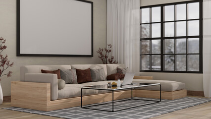 Interior design of luxury contemporary and cozy home living room with comfortable couch