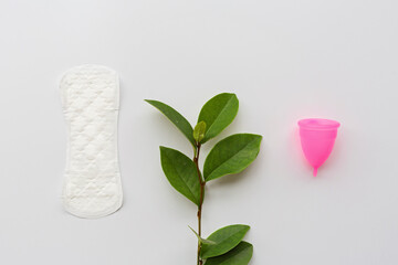 Menstrual cup, sanitary pad and branch of tree on white background. Alternative feminine hygiene...