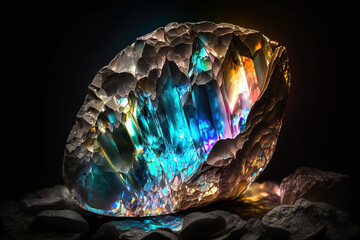 Opal crystal, artificial illustration of the shimmering mineral, arranged and presented in a dark cave, made with generative ai