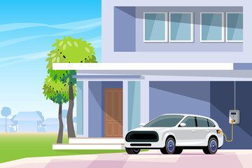 Electric car on home charging station. Direction for using clean energy. vector illustration