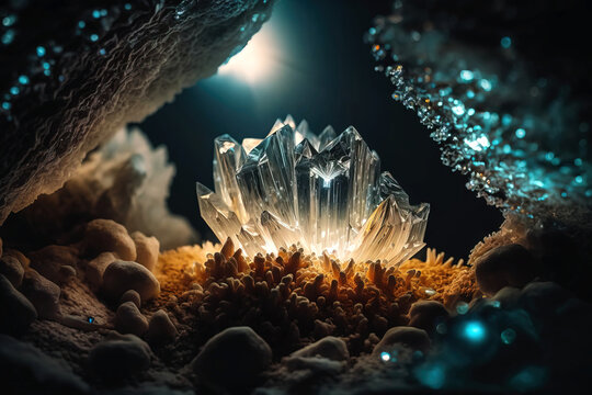 Halit crystal, artificial illustration of the shimmering mineral, arranged and presented in a dark cave, made with generative ai
