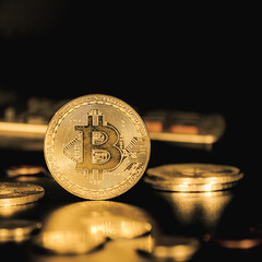 Bitcoin coin standing on gold money coin with black background