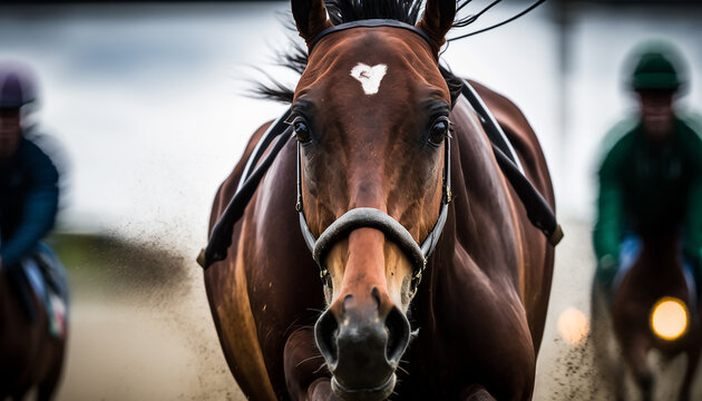 Horse race with a close-up of a horse's face, showing the intensity and focus in its eyes as it races towards the finish line Generative AI