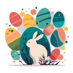 Cute abstract illustration of an Easter bunny surrounded by plants, flowers and colorful Easter eggs. Greeting card, postcard and flat icon of an Easter bunny