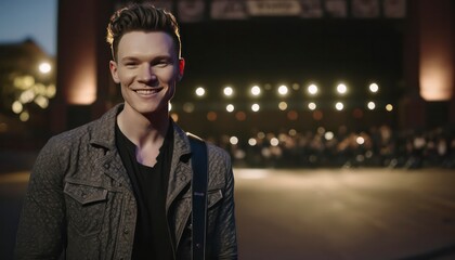 Fototapeta premium a beautiful smiling young male musician in front of a blurry concert venue background