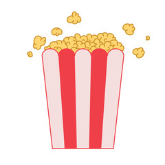 Cartoon popcorn in a srtiped container. Vector illustration on a white background