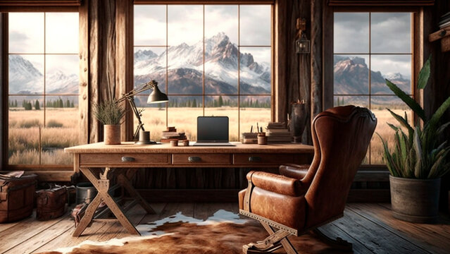 A stylish home office in a rustic cabin with a laptop, wooden desk and a leather chair, nature-inspired decor, and a view of a snowy mountain, generative ai