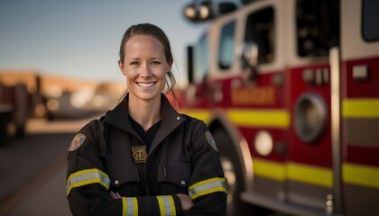 A beautiful smiling young female firefighter beside of a blurry fire station background generative ai 