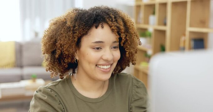 Online student smile, computer and e learning of a gen z person at home doing digital studying. Education video watching, happy and female doing a web search for copywriting course on a college app