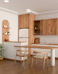 Cozy Scandinavian kitchen room in white and wood style with wood counter, fridge, wood cabinet