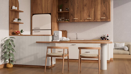 Fototapeta na wymiar Cozy Scandinavian home kitchen in white and wood style with wood table bar, fridge, wood cabinet