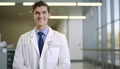 a beautiful smiling young male scientist in front of a blurry white laboratory background generative ai