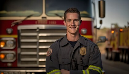A beautiful smiling young female firefighter beside of a blurry fire station background generative ai 