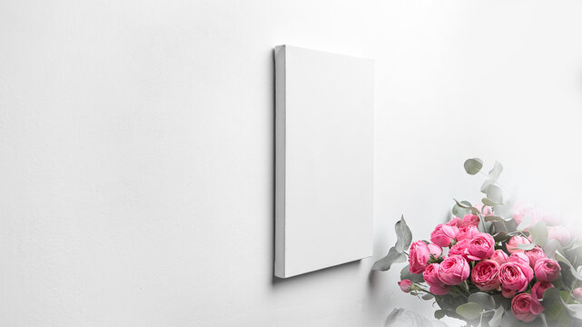 White canvas mockup hanging on white wall and bouquet of pink roses with eucalyptus leaves. Blank canvas, interior decor