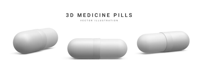 Set of 3d realistic capsule pills isolated on white background. Medicine and drugs. Vector illustration