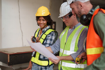 Architect team working with blueprints for architectural plan, engineer sketching a construction project, green energy concept