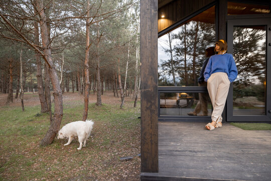 Young woman stands on porch of a wooden house in pine forest, enjoying nature, resting with a dog in cottage at countryside