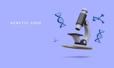 3d realistic banner with microscope, molecules and dna isolated on blue background. Medicine, biology, chemistry and science concept in cartoon style. Vector illustration