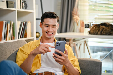 Handsome and happy millennial Asian man using his smartphone, relaxing on sofa in living room.