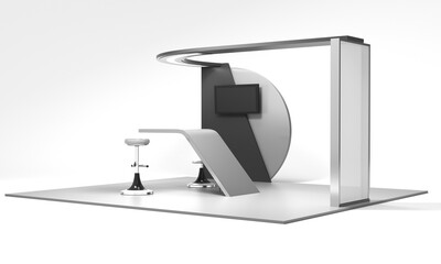 Exhibition Booth With Big Whiteboard, Retail Trade Stand, Counter For Helping Service, 3D render