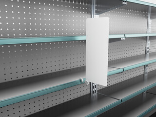 Supermarket Empty Shelf With Single Vertical Stopper Or Wobbler. Blank Shelf Banner Display Mock-up. 3D rendering	