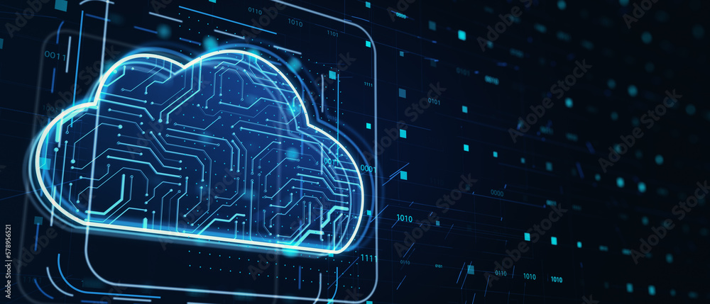 Poster Blank dark technological background with circuit in form of cloud symbol and place for your advertising poster or text, data storage and cloud computing concept. 3D rendering, mockup