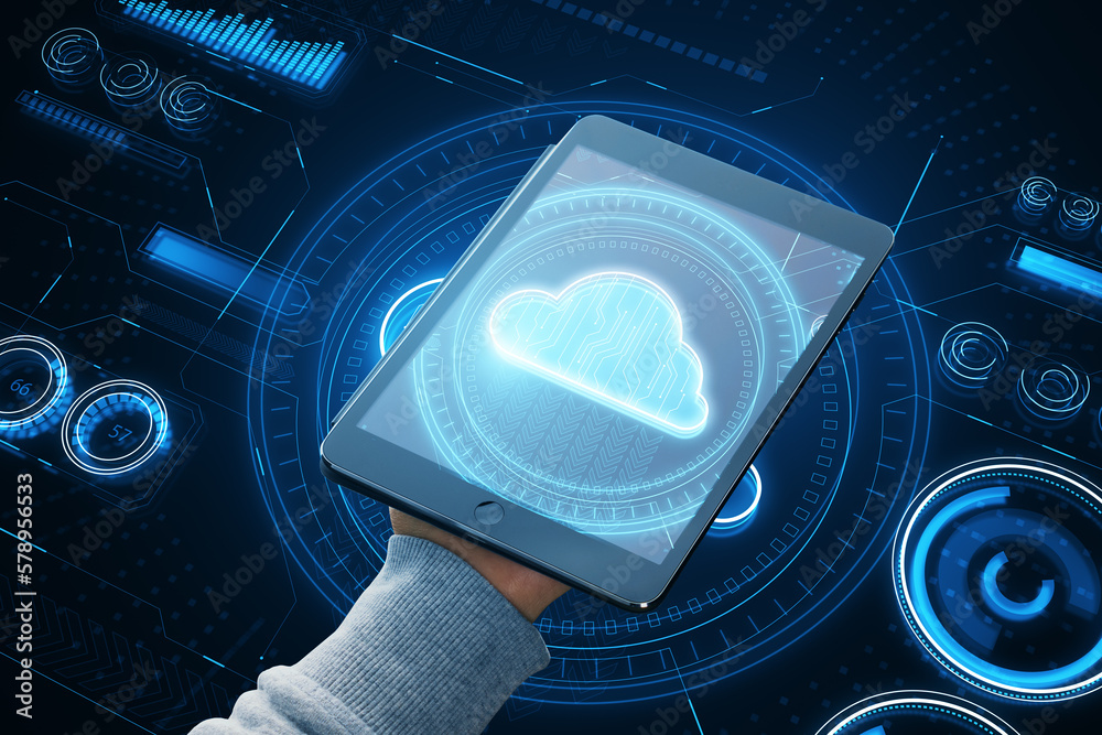 Aufkleber close up of hand holding tablet with glowing cloud computing hologram on dark background. database c