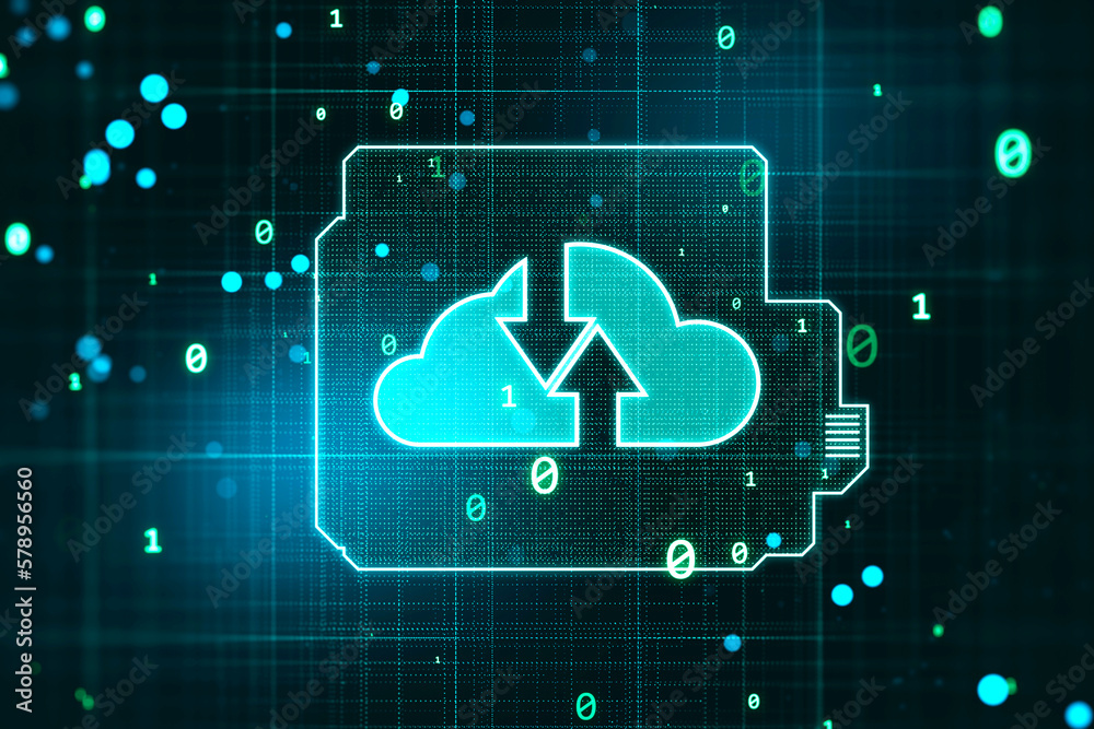 Poster Data storage and information exchange concept with computer processor and oppositely directed arrows in cloud symbol on dark technological background with binary code numbers. 3D rendering