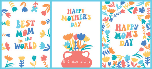 set of mother's day greeting cards, posters, prints, signs, banners, invitations and templates decorated with lettering groovy quotes and abstract florals. EPS 10