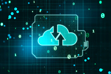 Data storage and information exchange concept with computer processor and oppositely directed arrows in cloud symbol on dark technological background with binary code numbers. 3D rendering