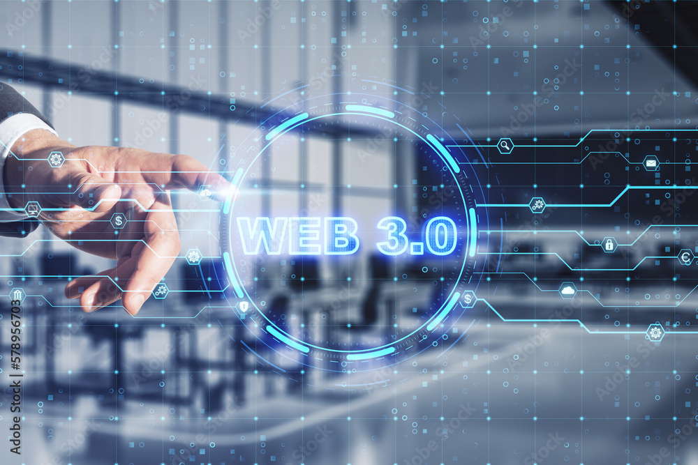 Aufkleber Web 3.0 new internet future distributed block chain technology concept. Close up of businessman hand pointing at hologram on blurry office interior background. Double exposure.