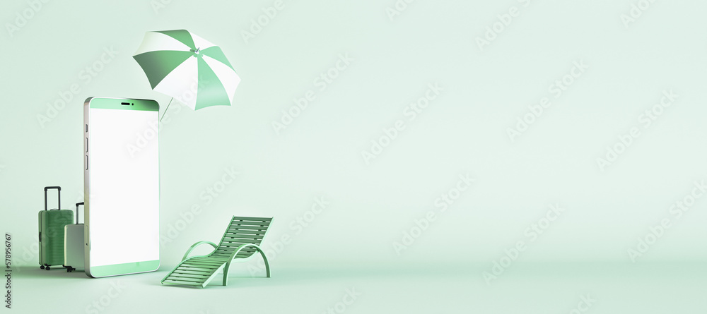 Poster creative cellphone with travel items. online trip booking concept on wide green background. mock up 